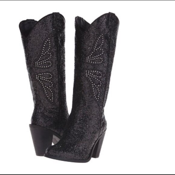 Jessica Simpson Caralee Black Chunky Glitter Western Boots - Size 6M - Picture 1 of 12